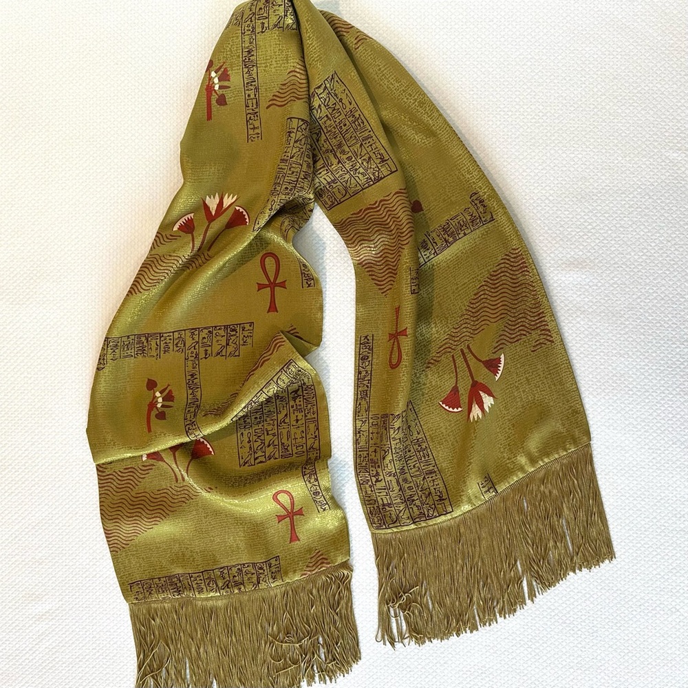 Zazou 100% Silk Olive Green Scarf with Red & Brown Asian Design with Fringe